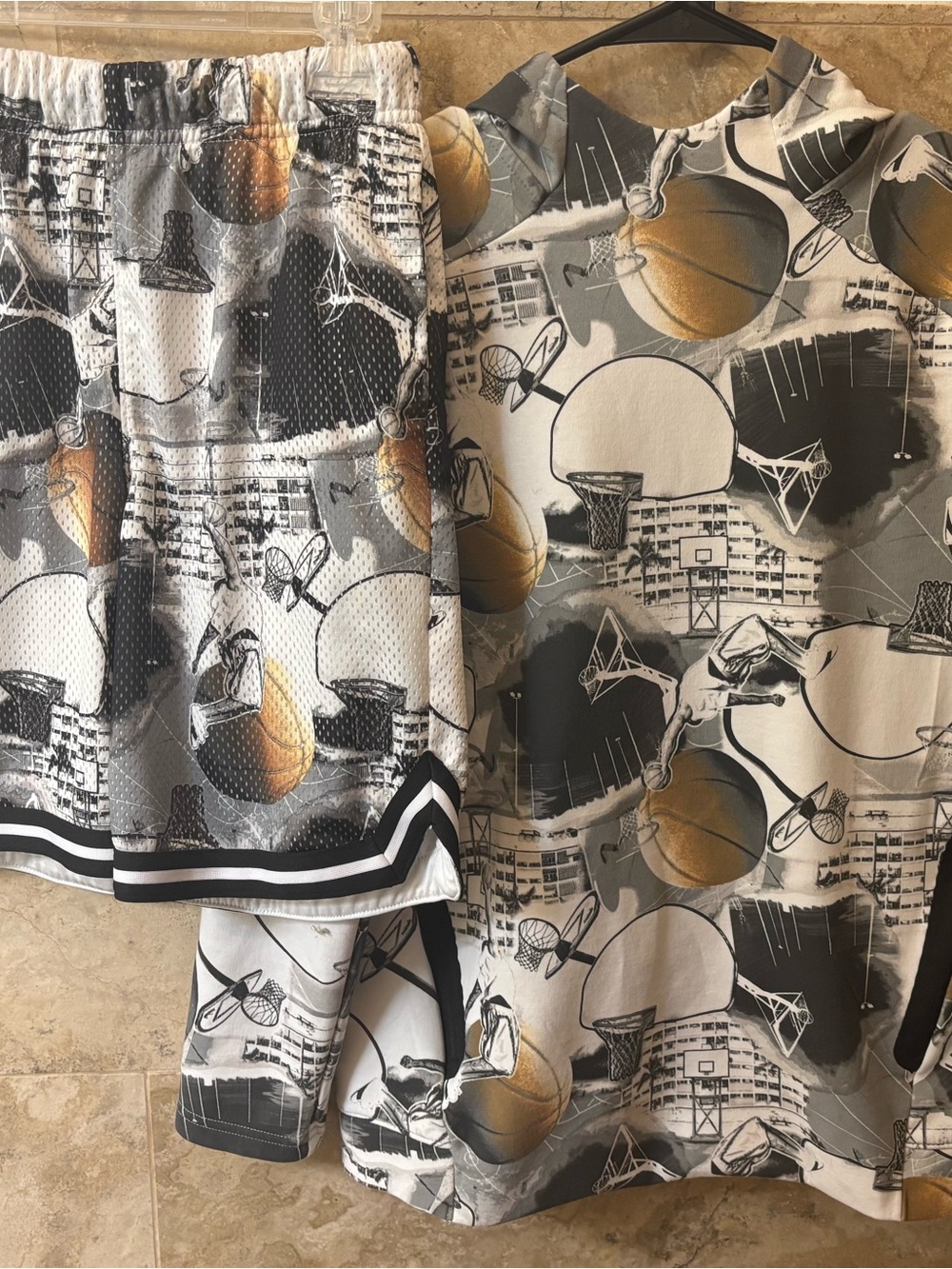 Boy’s Basketball Print Hoodie/Shorts Set - Gray, White, & Gold